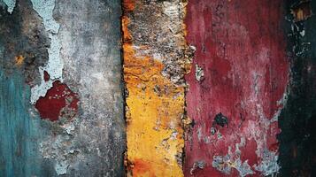Wall with a lot of cracks and peeling paint. The wall is made up of three different colors, with the middle one being yellow photo