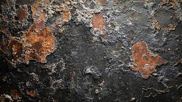 Black and rusty surface with a few spots of white. The surface is rough and uneven. The image has a moody and somewhat eerie feel to it photo