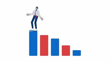 Businessman failure bar chart 2D animation. Barchart fail employee 4K motion graphic. Office worker falling down from column graph animated character cartoon flat concept, white background video