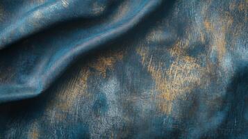Blue and gold fabric with a pattern of squares and circles. The fabric is folded and has a textured surface photo