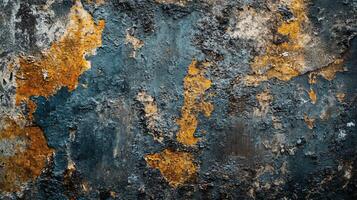 Wall with a blue and orange background. The wall is covered in rust and has a rough texture photo