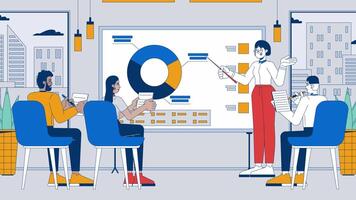 Company summary of fiscal year cartoon animation. Annual report performance 4K 2D motion graphic. Woman manager briefing team diverse animated characters on whiteboard statistics background video