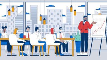 Company results celebration cartoon animation. Celebrating success in workplace 4K 2D motion graphic. Multicultural colleagues clapping hands in boardroom animated characters on white background video
