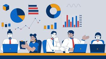 Teamwork data analytics 2D animation. Profits analysts diagram charts 4K motion graphic. Diverse colleagues work laptops. Marketing team animated cartoon flat concept on infographics background video