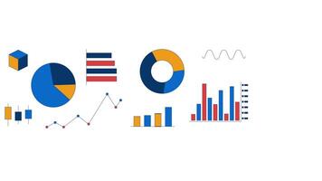 Data visualization charts 2D objects animation. Infographics cartoon 4K , alpha channel. Piechart, bar graphs, scatter plots. Trend analysis diagrams animated flat items on white background video