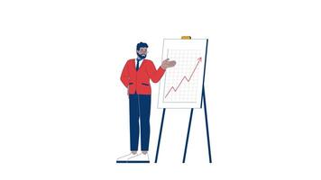Black man manager pointing on line graph upward arrow easel 2D character animation. Diagram cartoon 4K , alpha channel. African american executive revenue growth animated person on white video