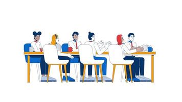 Multicultural colleagues clapping applauding at table 2D characters animation. Teamwork meeting cartoon 4K , alpha channel. Applause business adults animated people on white background video