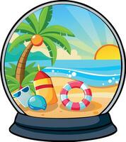A beach scene with a life preserver, umbrella and palm tree vector