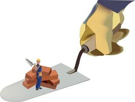 A hand is holding a brick and a hammer vector