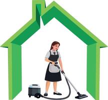 A woman in apron and apron is vacuuming in front of a house vector