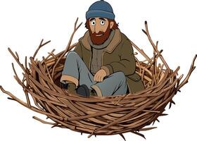 A cartoon man sitting in a nest with twigs vector