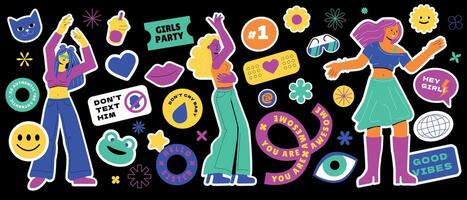 A collection of various patches for a girly party, dancing teenagers, bright stickers of different shapes with inscriptions. vector