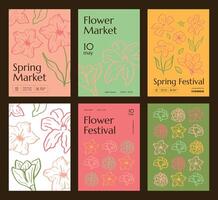 A collection of various minimalistic posters with hand-drawn flowers in pastel tones for the spring market. vector