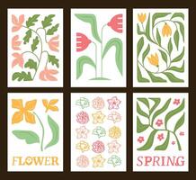 A collection of different minimalistic poster with a figured flower and leaves in soft colors. Artworks for interior decoration. vector
