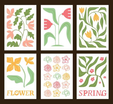 A collection of different minimalistic poster with a figured flower and leaves in soft colors. Artworks for interior decoration.