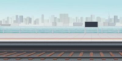 The platform of the riverside train station have skyscrapers located opposite the river bank graphic illustration. vector
