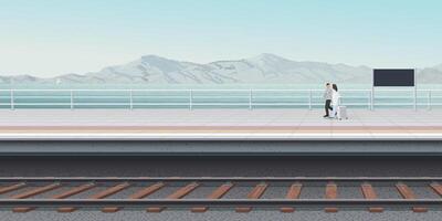 The platform of the seaside train station with a couple of lover dragging a suitcase walking have mountain range and blue sky background graphic illustration. vector