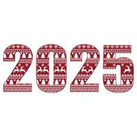 The number 2025 with a Scandinavian pattern. Christmas ornament with reindeer and snowflakes in the traditional Scandinavian style in red on a white background. vector