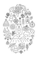 Camping and Travel Doodle Illustration Set. oval shape Hand drawn. For design of patterns, cards, print and souvenirs. illustration. vector