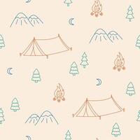 Seamless camping pattern. Tent, forest and mountains. Hand drawn Doodle Illustration For design of patterns, cards, print and souvenirs. illustration. vector