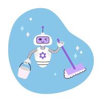 Cute Robot holds bucket and mop. Artificial intelligence robot assistant. Cleaning and smart home concept. Isolated illustration. vector