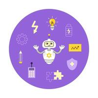 AI robot in the center and icons around it. Artificial intelligence capabilities. Icon set. Isolated illustration. vector
