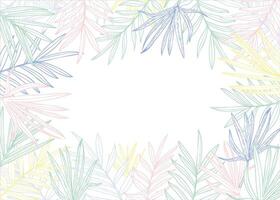 tropical leaves in pastel Easter colors horizontal frame with empty space for text. Palm, ginger, eucalyptus silhouettes floral line art border . For greeting card, invitation, label vector
