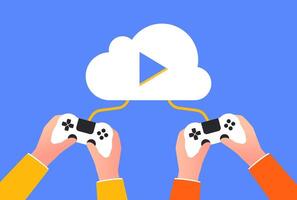 Cloud Gaming Illustration System Design. Hand holding Console playing a game with cloud storage system vector