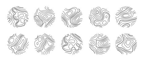 Circular wood rings or topographic map lines texture set. Wood tree topographic abstract lines collection vector