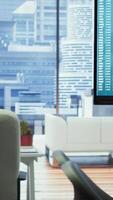 Vertical Empty luxury office space with advanced technology enhances productivity, helping employees focus on financial strategies, performance metrics and global enterprise objectives. video
