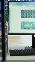 Vertical Luxurious modern office environment designed for business growth, enterprise workers can collaborate and analyze data on screens. Planning company development with cutting edge technology. video
