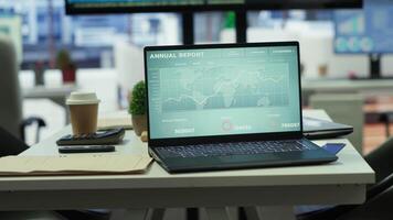 High end business office with a computer displaying detailed analytics, perfect for executive company meetings or financial planning and project development in a multinational corporation. video