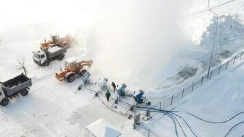 Top view of the work of four snow cannons for the production of artificial snow video