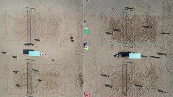 Top view of a group of friends playing beach volleyball on the beach video