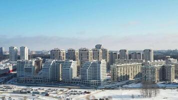 View from the height of the new microdistrict in the city of Minsk in winter.Architecture of the city of Minsk.The new lighthouse district.Belarus video