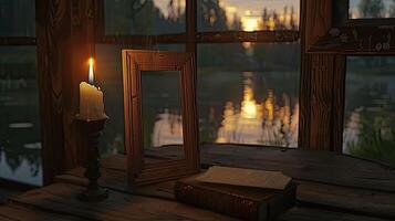 A candle sits on a table next to a book and a window photo
