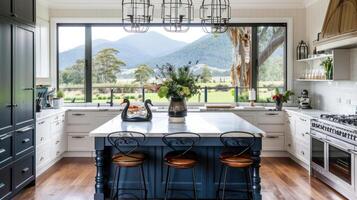 A kitchen with a large island and wooden flooring photo