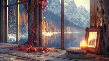 A window with a candle and books on a wooden table photo