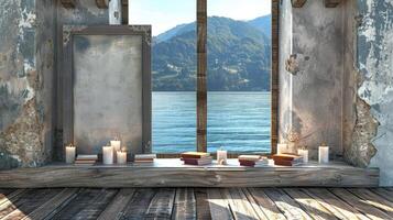 A window with a view of a lake and mountains photo