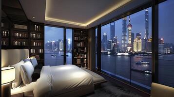 A bedroom with a view of a city skyline photo