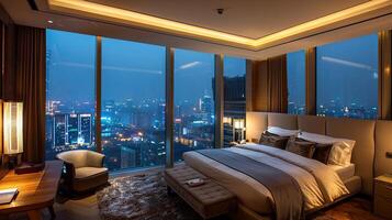 A bedroom with a view of the city lights photo