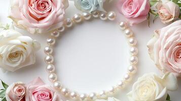 A circle of white and pink roses surrounded by pearls photo