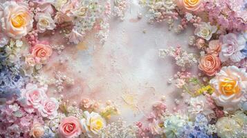 A beautiful floral background with roses and other flowers photo