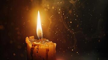 A burning candle is lit in the dark photo
