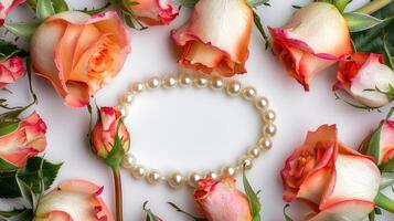 Pearls and roses on white background photo