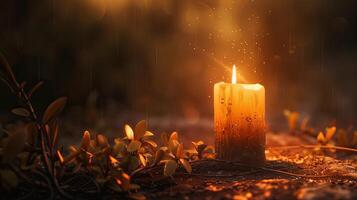 A candle is lit in the dark with the sun shining photo