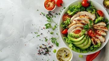 A salad with chicken, avocado, tomatoes and other ingredients photo