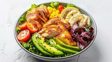 A bowl of chicken, avocado, corn, tomatoes and lettuce photo