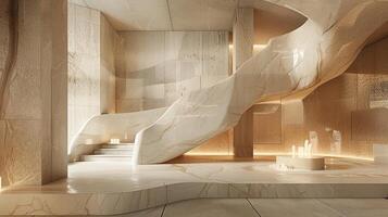 A marble staircase in a room with a fireplace photo
