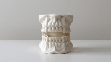 A white skull with teeth on a table photo